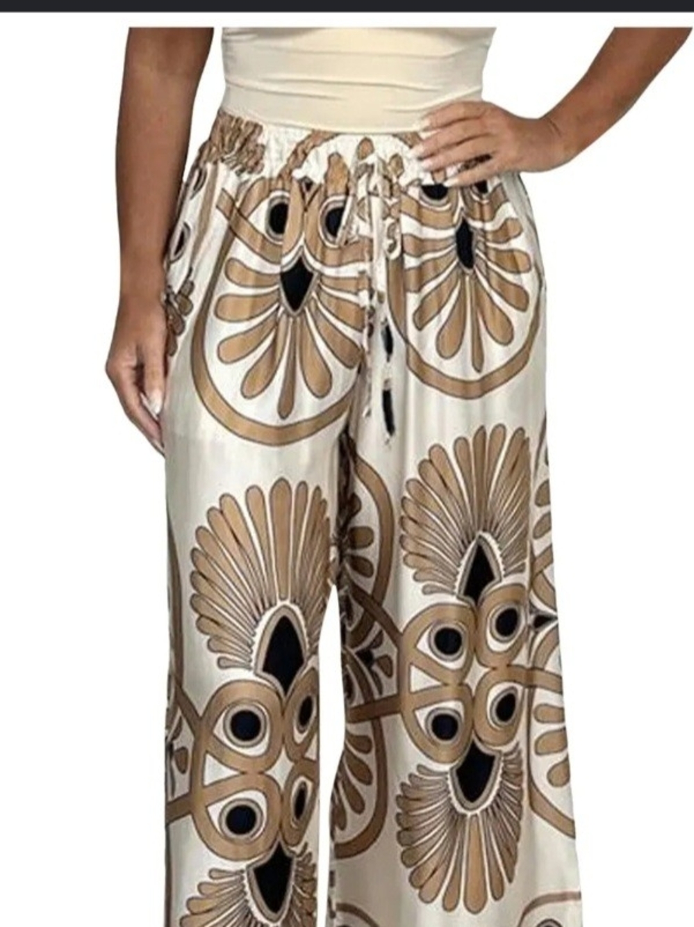 Cafe Noir Women's Tan Floral Motif Culottes Made In Italy Size L